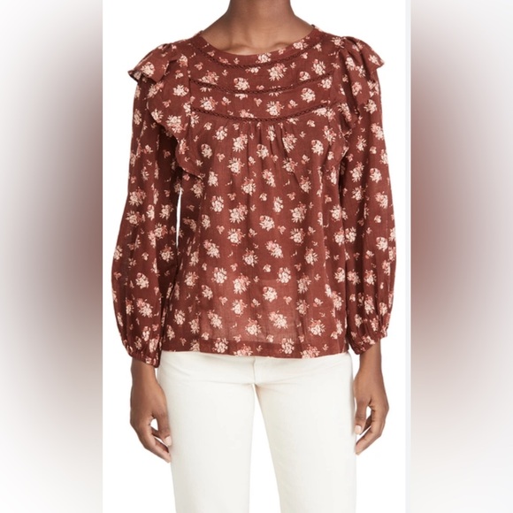 Madewell ladder trim ruffle top in dandelion burnished mahogany, cotton, small - Picture 1 of 8